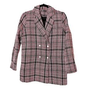 Shein Womens Blazer Skirt Two Piece Set S Double Breasted Red Black Plaid Lined
